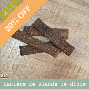 lanières de viande pour chien et chat, montrant la saveur dinde