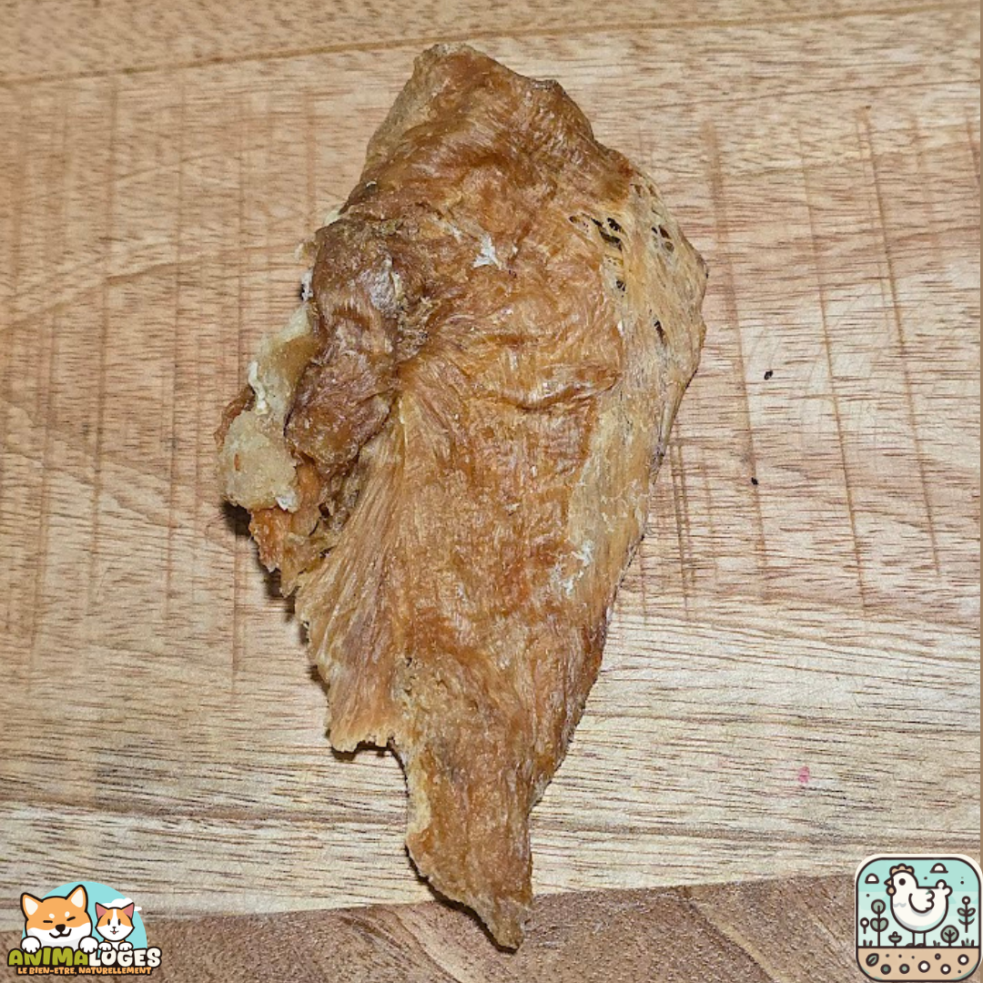 Morceaux de filet de poulet séché présentés sur une table.