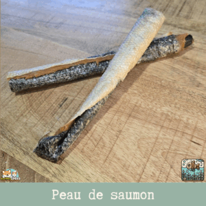 Morceaux de peau de saumon séchée présentés sur une table.