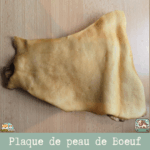 Plaque de peau de bœuf séchée présentée sur une table.