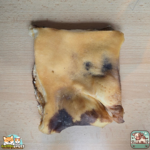 Plaque de peau de bœuf séchée présentée sur une table.