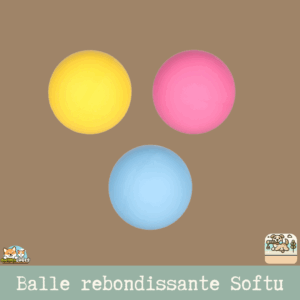 Le jouet Softu - Balle rebondissante en caoutchouc, disponible en bleu, rose et jaune.