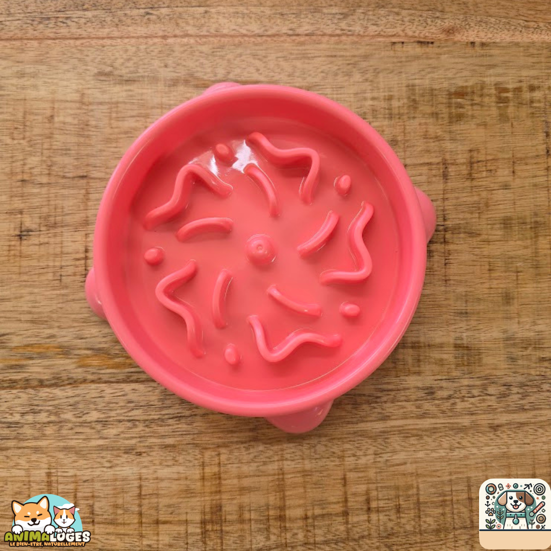 La gamelle Slow Feeder Bini Rond, conçue avec des obstacles bas et des ventouses antidérapantes.