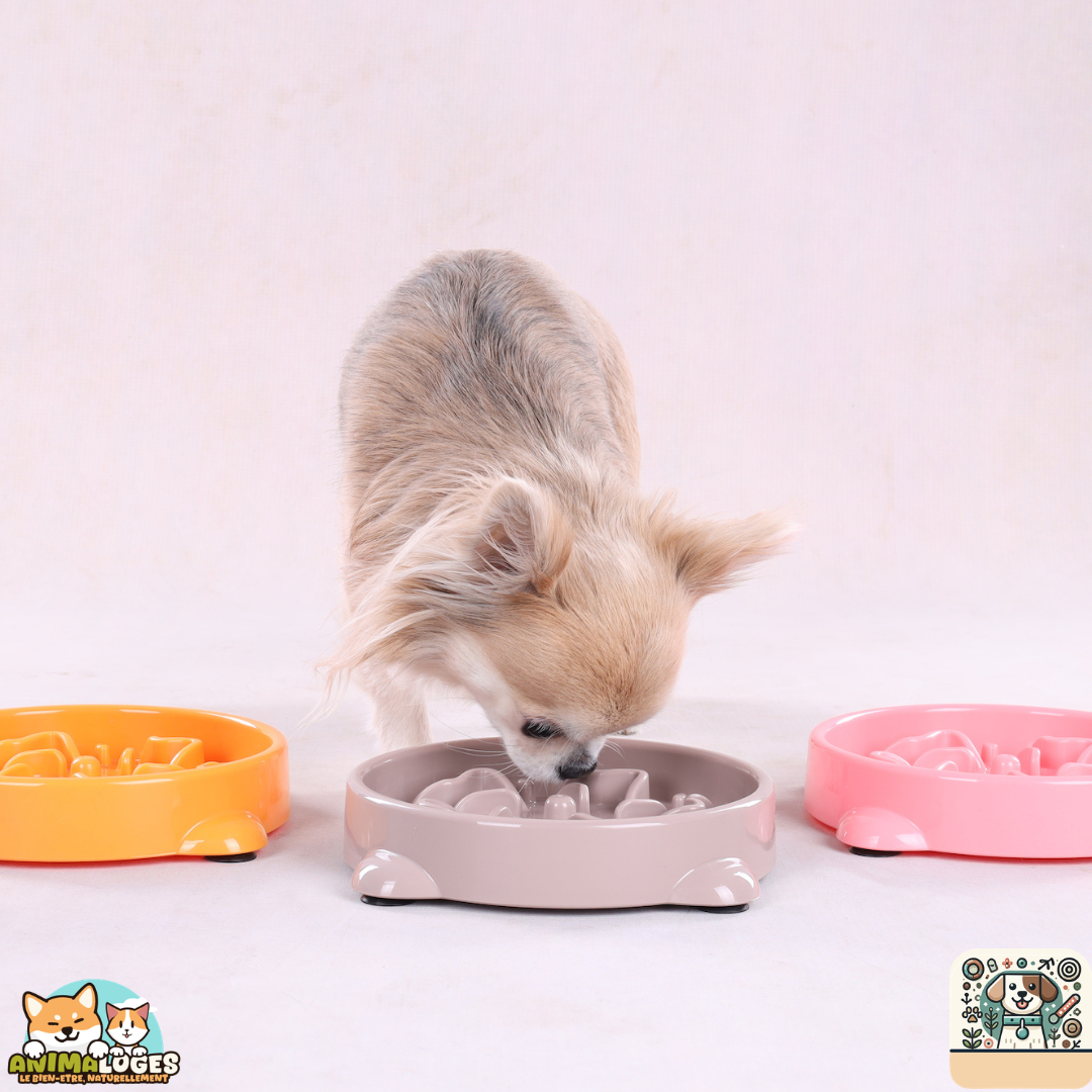 La gamelle Slow Feeder Bini Rond, conçue avec des obstacles bas et des ventouses antidérapantes.