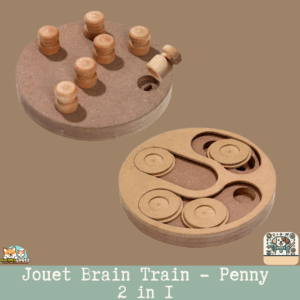 Le jouet Brain Train Penny en bois avec ses deux puzzles interactifs.