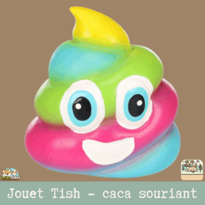 Le jouet Tish en forme de caca souriant, avec un design amusant en latex.