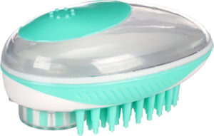 Brosse de massage et de nettoyage pour animaux avec bouton de dosage de shampooing intégré.