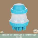 Brosse de massage et de nettoyage Hilda avec dents rondes en caoutchouc et réservoir de shampooing intégré.