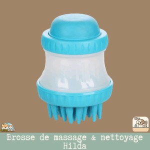 Brosse de massage et de nettoyage Hilda avec dents rondes en caoutchouc et réservoir de shampooing intégré.