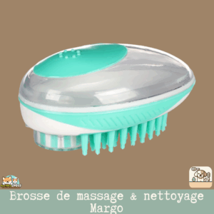Brosse de massage et de nettoyage pour animaux avec bouton de dosage de shampooing intégré.