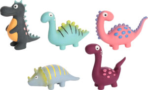 Le jouet Puga Dinosaure en latex, disponible en plusieurs couleurs, avec un couineur intégré pour chien.