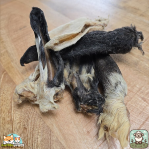 Oreilles d'agneau séchées avec poil, friandise naturelle pour chiens.