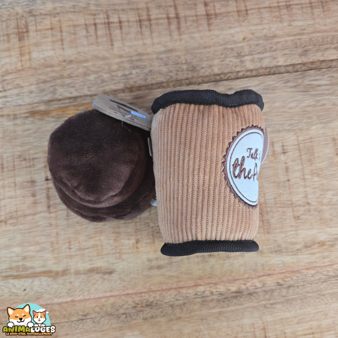 Peluche de fouille P.L.A.Y. Doggo’s Java pour chien, gobelet de café avec couvercle amovible pour cacher des friandises, taille M