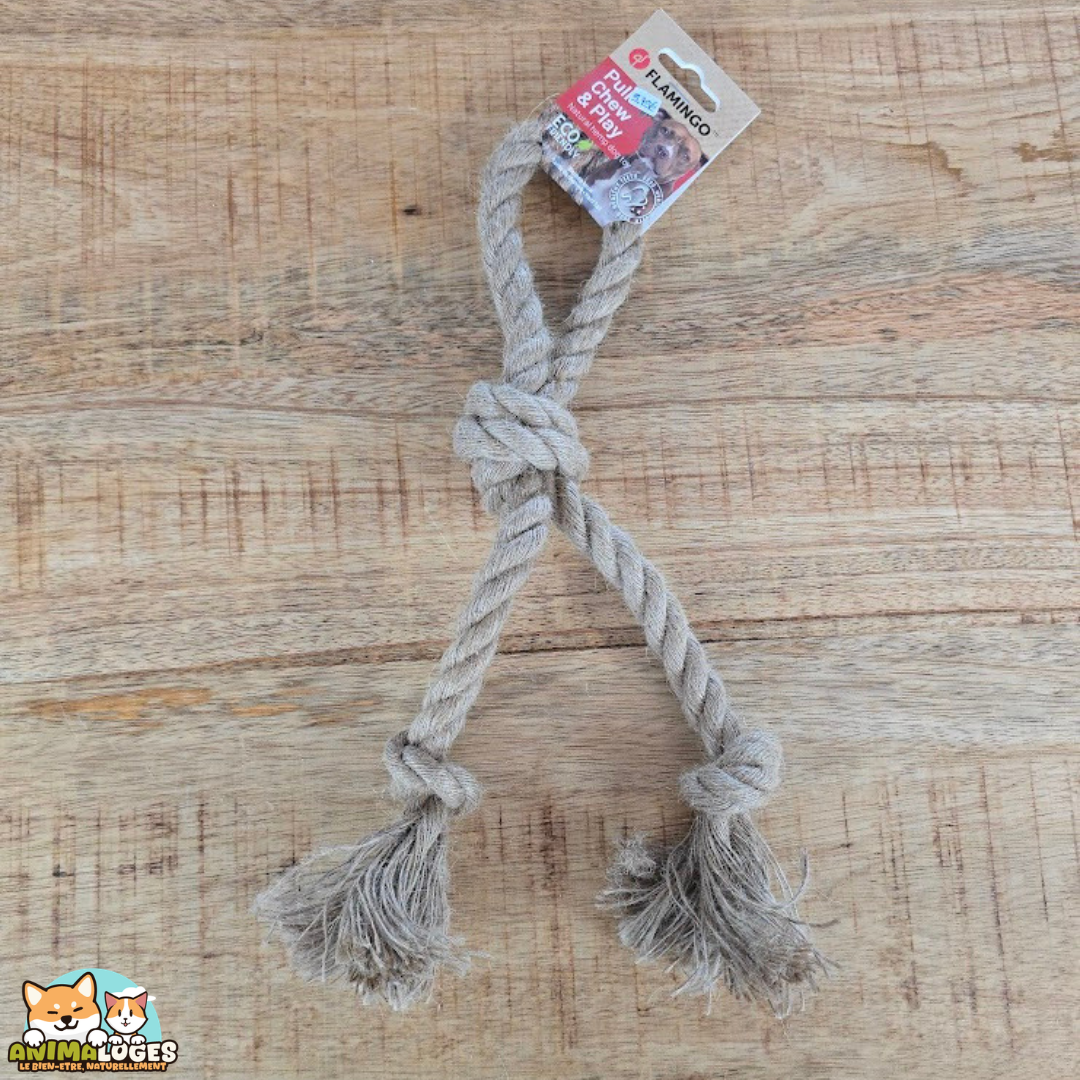 Jouet Flamingo Kush corde à tirer 3 nœuds en chanvre pour chien