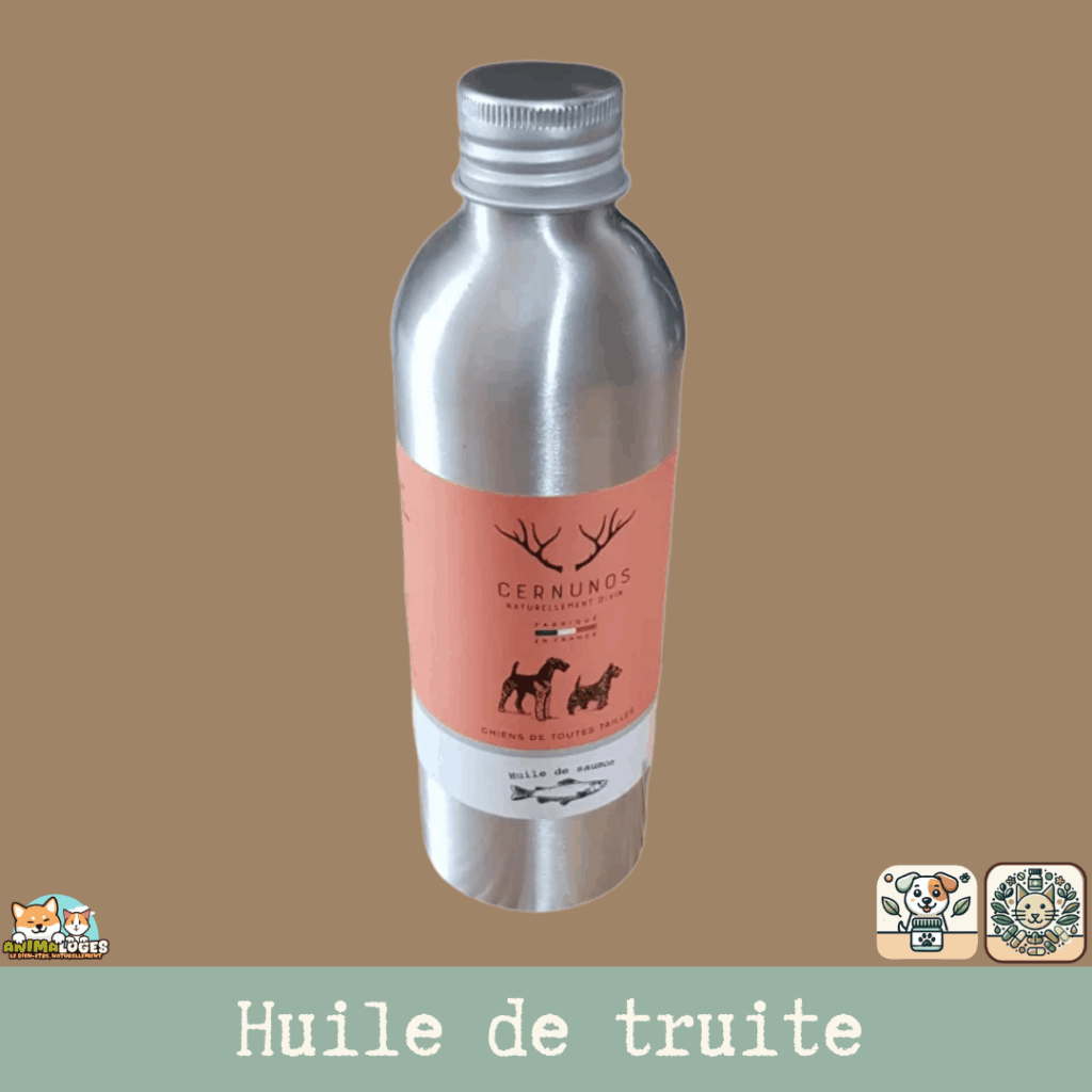 Bouteille d’huile de truite française pour chien – riche en oméga-3