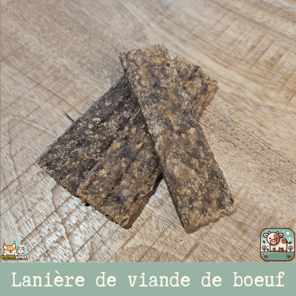 lanières de viande pour chien et chat, montrant la saveur boeuf