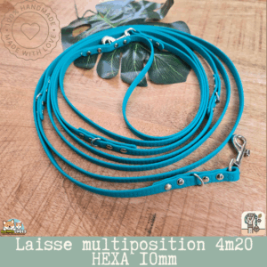 laisse multipostions (5) en sangle hexa 10mm et 4m20 de long fabriqué à la main