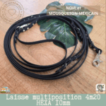 laisse multipostions (5) en sangle hexa 10mm et 4m20 de long fabriqué à la main. Noir avec mousqueton MEXICAIN