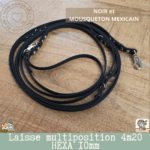 laisse multipostions (5) en sangle hexa 10mm et 4m20 de long fabriqué à la main. Noir avec mousqueton MEXICAIN