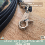 laisse multipostions (5) en sangle hexa 10mm et 4m20 de long fabriqué à la main. Noir avec mousqueton MEXICAIN