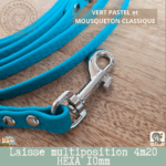 laisse multipostions (5) en sangle hexa 10mm et 4m20 de long fabriqué à la main. Vert pastel avec mousqueton classique