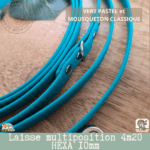 laisse multipostions (5) en sangle hexa 10mm et 4m20 de long fabriqué à la main. Vert pastel avec mousqueton classique