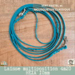 laisse multipostions (5) en sangle hexa 10mm et 4m20 de long fabriqué à la main. Vert pastel avec mousqueton classique