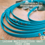 laisse multipostions (5) en sangle hexa 10mm et 4m20 de long fabriqué à la main. Vert pastel avec mousqueton classique