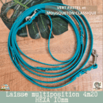 laisse multipostions (5) en sangle hexa 10mm et 4m20 de long fabriqué à la main. Vert pastel avec mousqueton classique