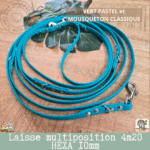 laisse multipostions (5) en sangle hexa 10mm et 4m20 de long fabriqué à la main. Vert pastel avec mousqueton classique