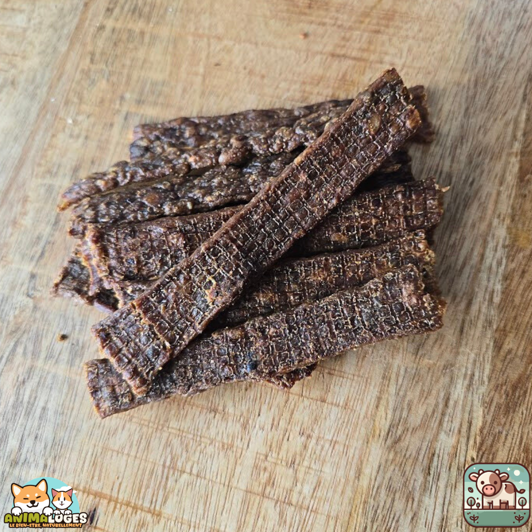 lanières de viande pour chien et chat, montrant la saveur boeuf