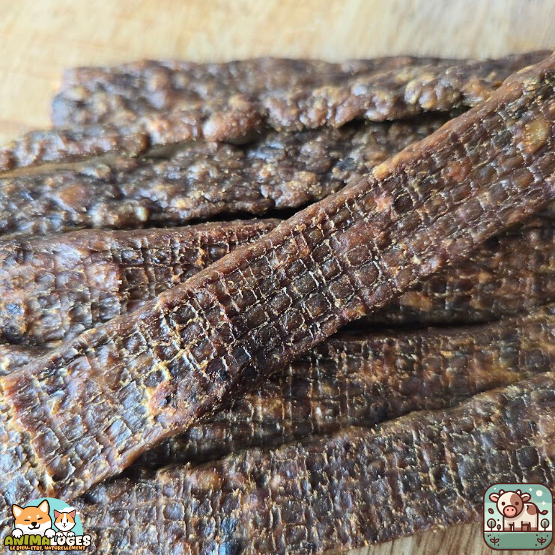 lanières de viande pour chien et chat, montrant la saveur boeuf