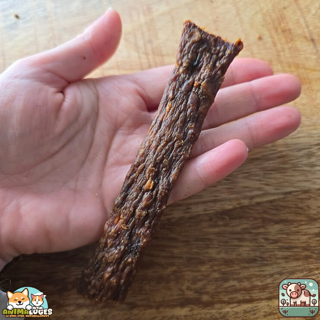 lanières de viande pour chien et chat, montrant la saveur boeuf