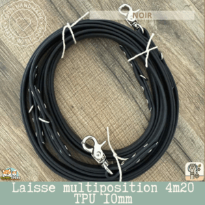 laisse multipostions (5) en sangle TPU 10mm et 4m20 de long fabriqué à la main