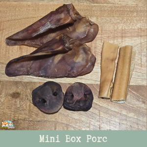 Mini box de Porc : Box de mastication naturelle pour chien au porc, qui contient : 2 oreilles de porc, 2 peau de porc roulées 12cm, 2 groins de porc
