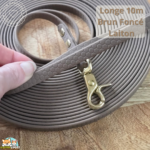 Longe en sangle Hexa, Brun foncé, 10m, bouclerie Laiton. Sangle imperméable. Idéale pour petit et moyen chien