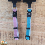 Collier chiot Elfi Flamingo en nylon avec finition en velours côtelé, disponible en turquoise et rose.