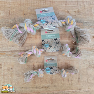 Jouet Flamingo Luro en chanvre naturel avec deux nœuds pour chiot, disponible en trois tailles