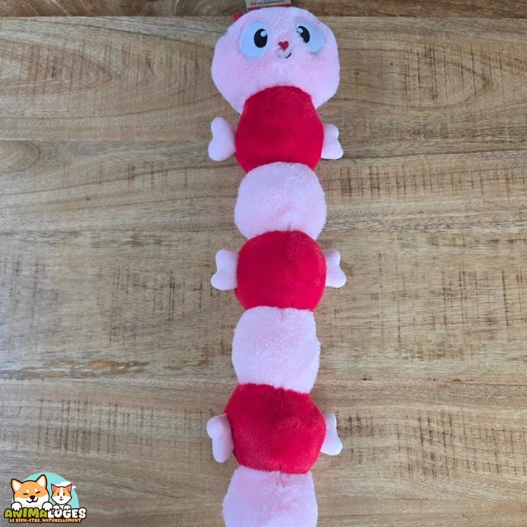 Jouet pour chien Roepa de Flamingo, grande chenille en peluche rose et rouge de 64 cm avec couineur intégré.